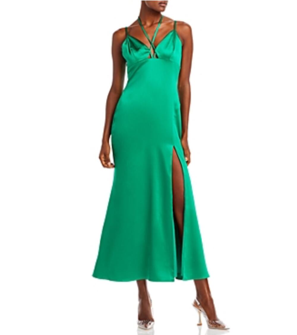 AQUA Green Cocktail Dress Satin Strappy Backless A-Line Midi Slip Size XL